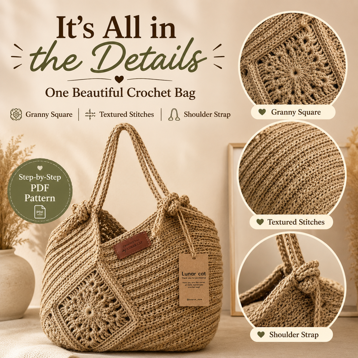 Jute Crochet Bag Pattern - Stylish Granny Square Tote Design