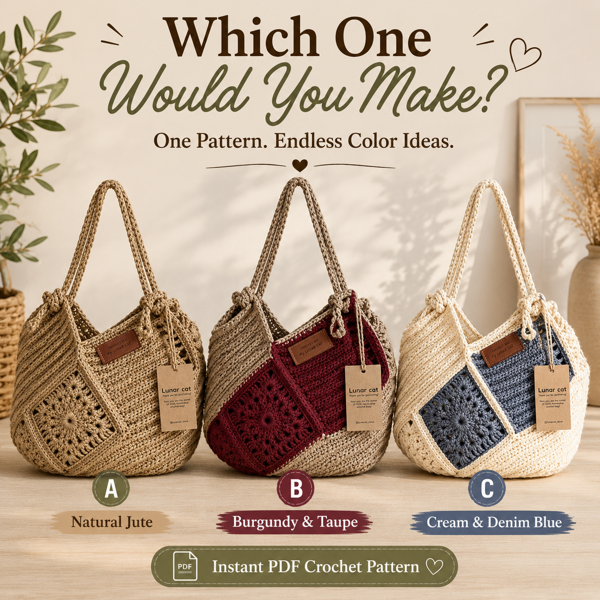 Jute Crochet Bag Pattern - Stylish Granny Square Tote Design
