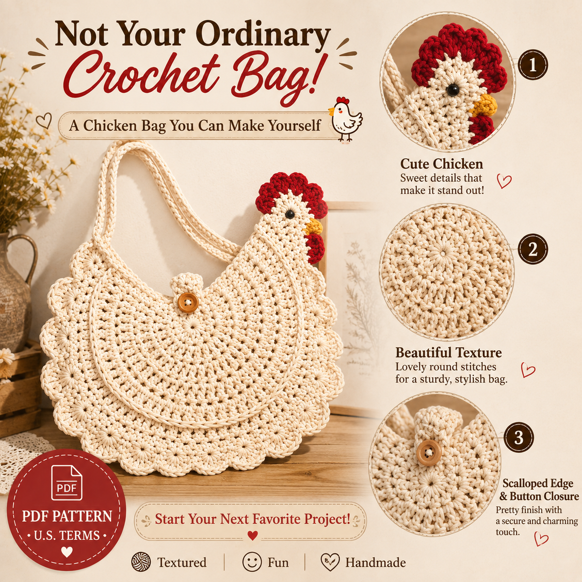 Crochet Chicken Bag Pattern PDF