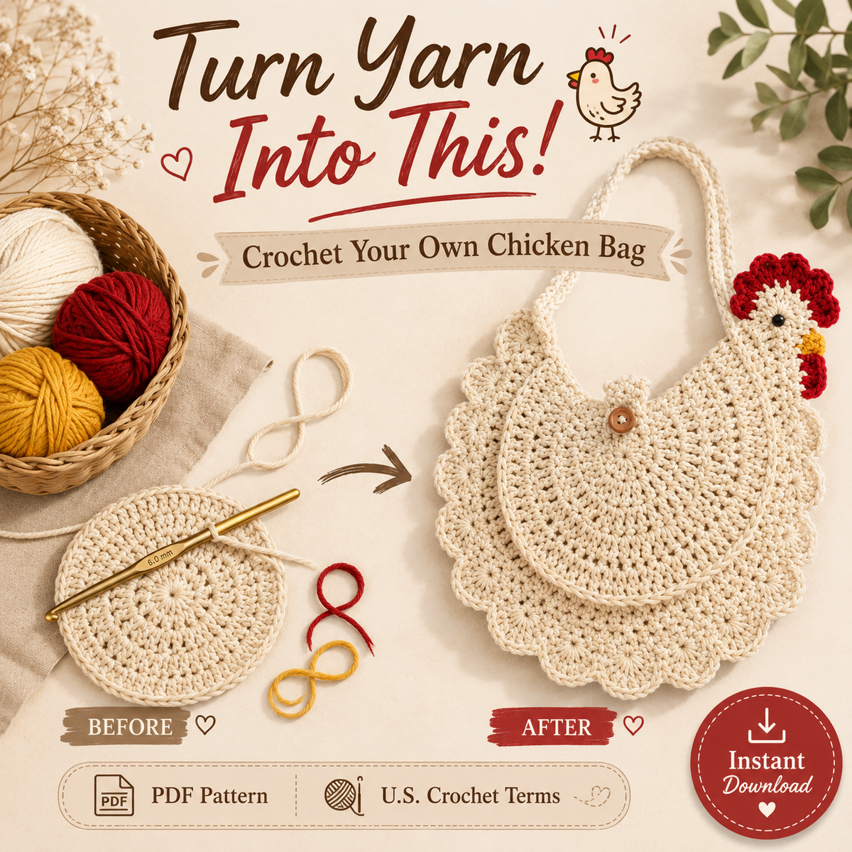 Crochet Chicken Bag Pattern PDF