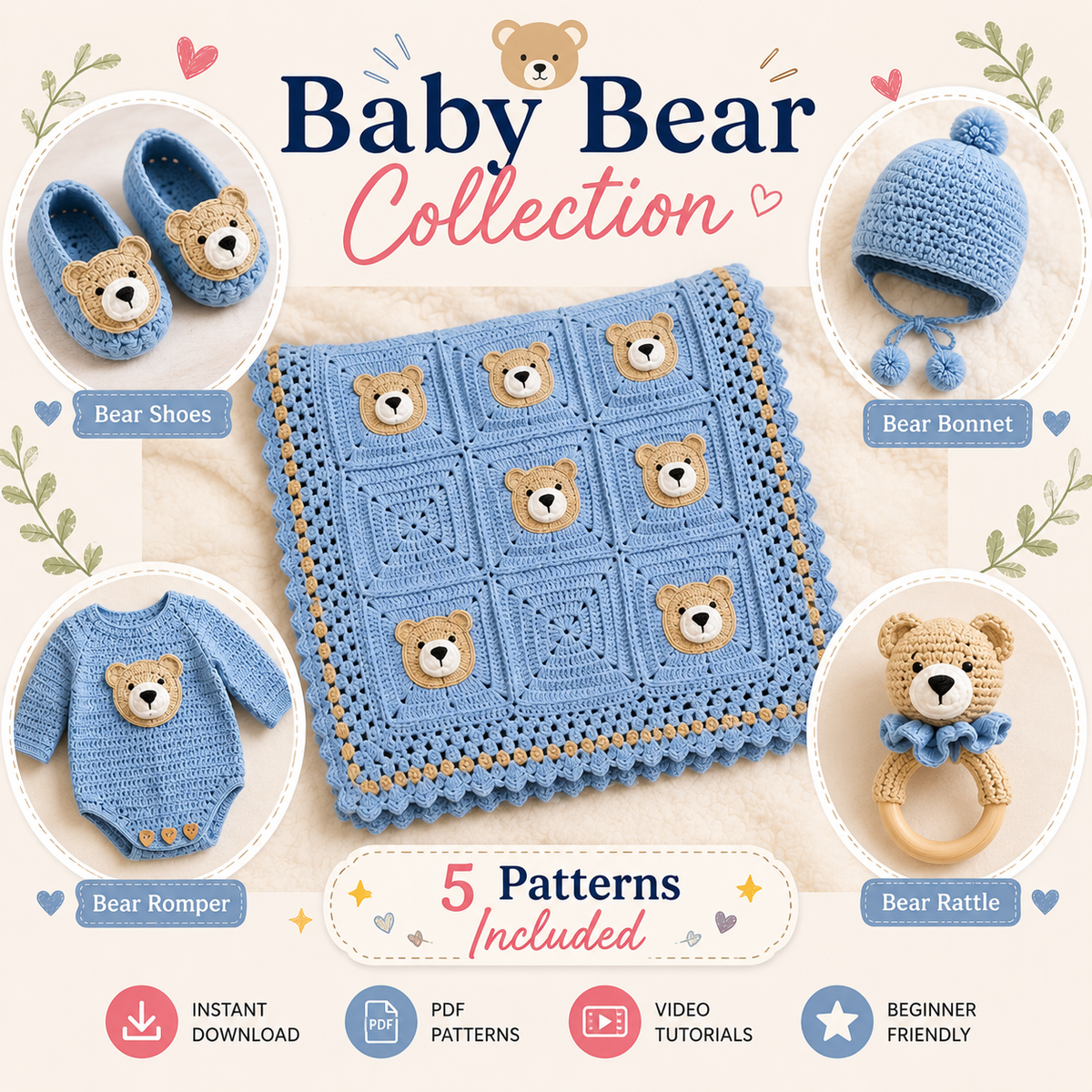 🧸✨ Crochet Baby Bear Set (5 Patterns + Videos) 👶🧶