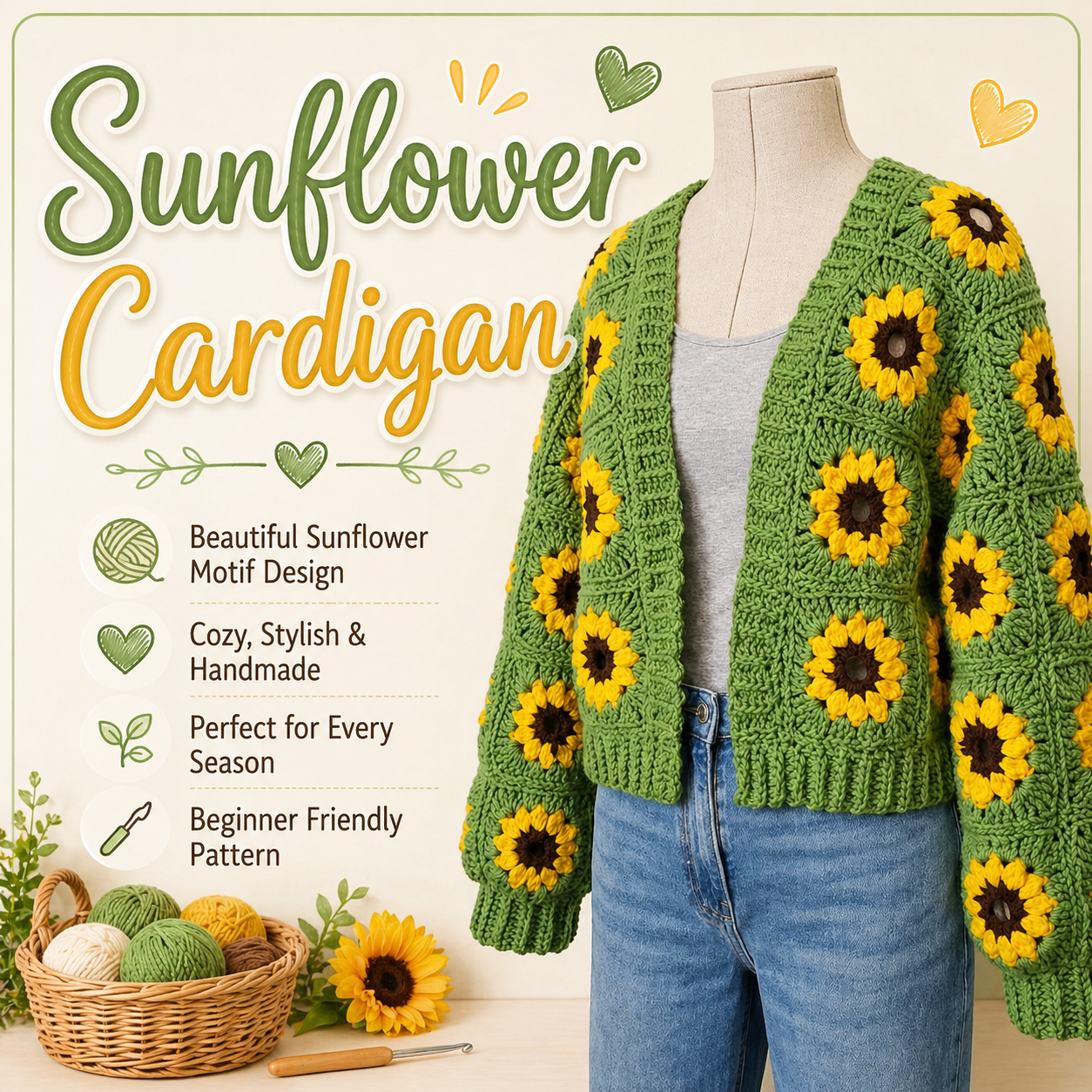 Sunflower Cardigan Crochet Pattern | Beginner Boho PDF Download