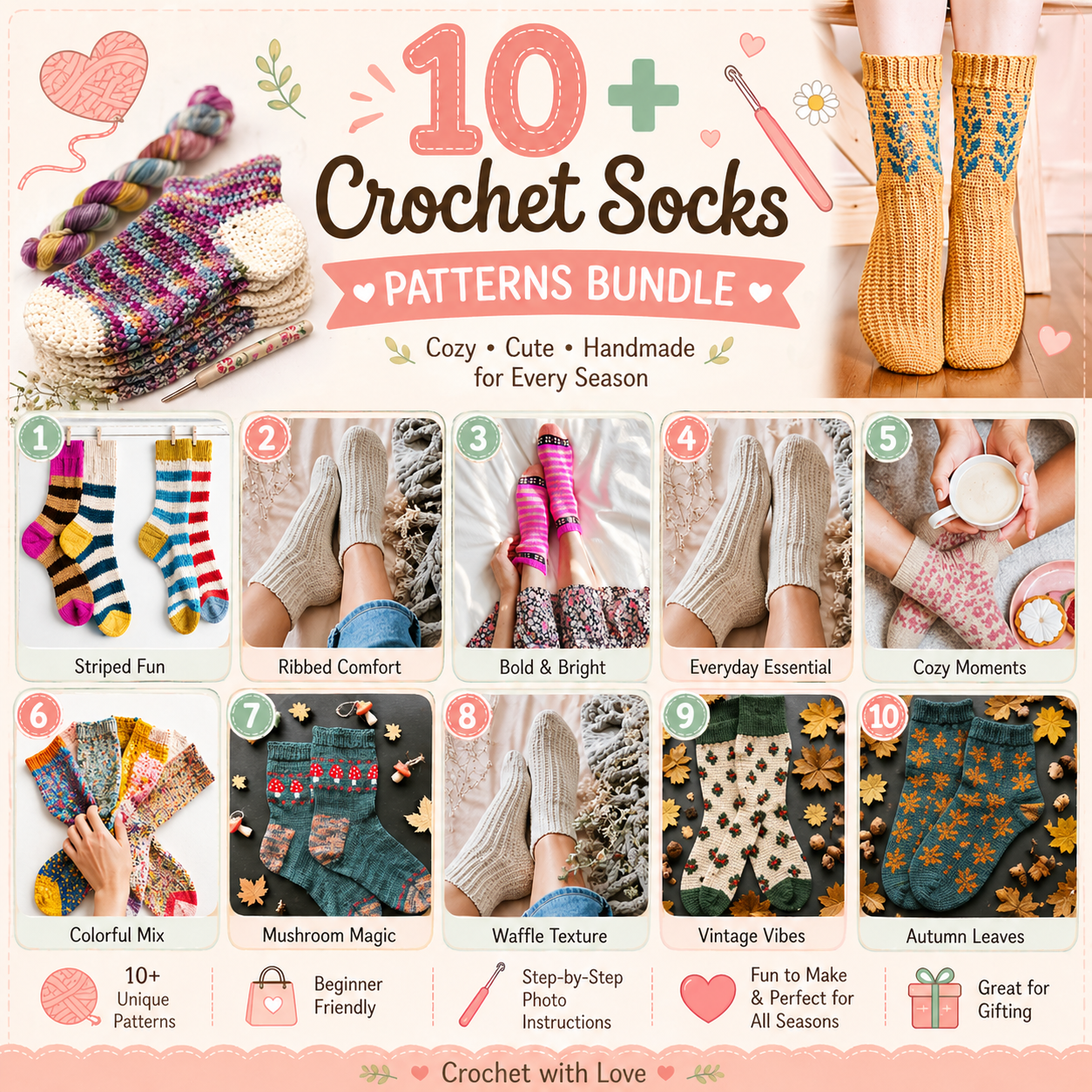10 Crochet Socks Patterns Bundle | Beginner to Advanced PDF Download